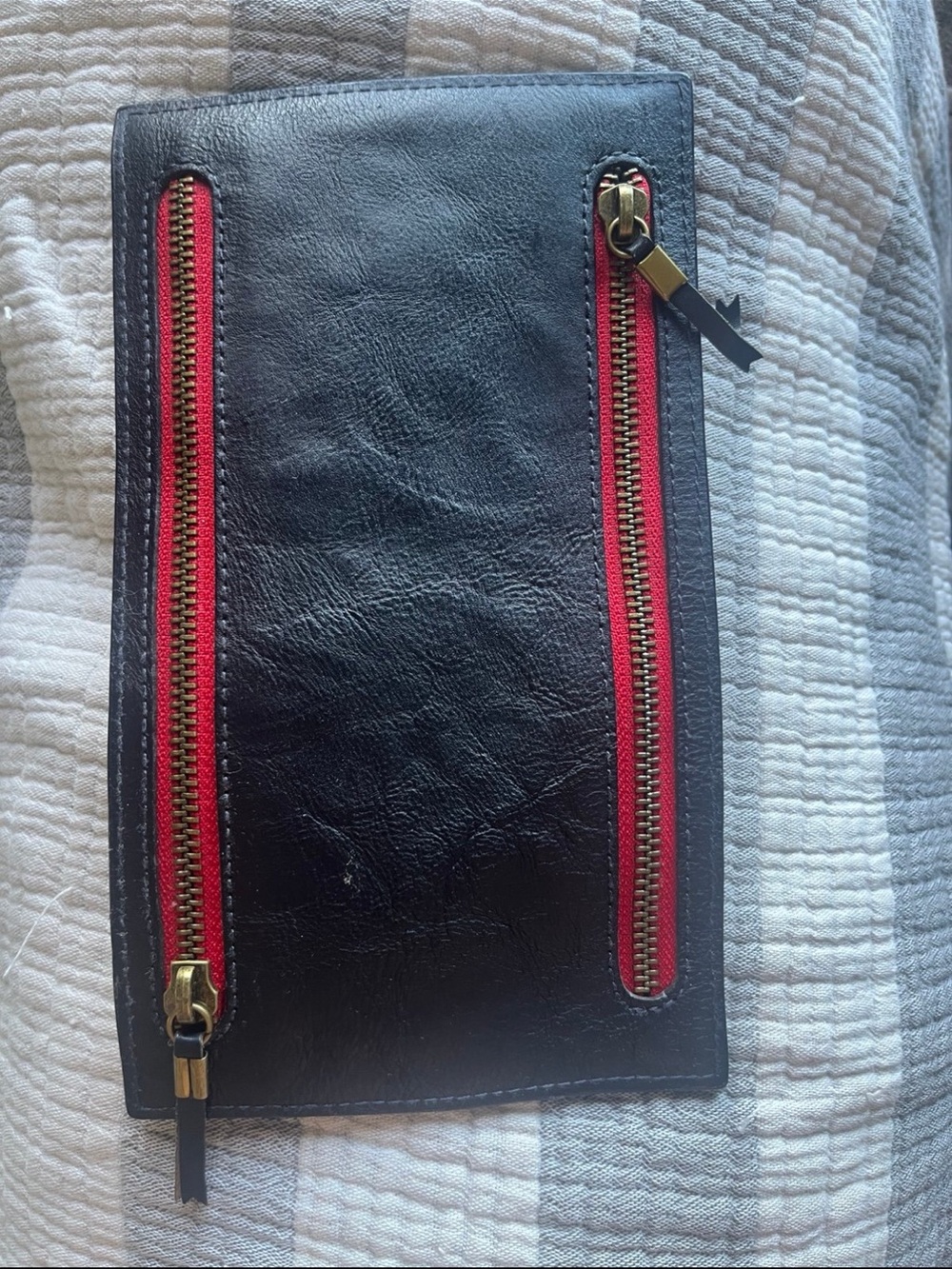 Madewell Black Leather Zip-Accent Wallet with Red Trim